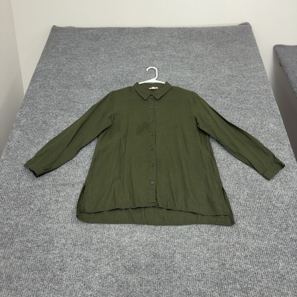 Eileen Fisher Button Down Women PS Green Linen Long Sleeve Lagenlook Casual